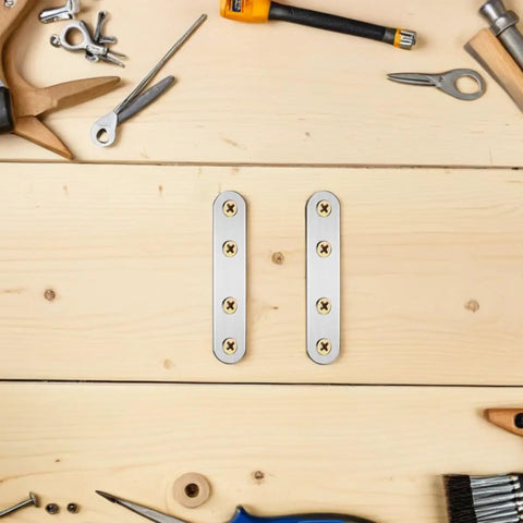 Flat Mending Plates 18 Pack Stainless Steel Brackets Easy Install No Sweat Heavy Duty Metal Joining Plates For Furniture And Home DIY Projects Shelves Cabinets And Repair Jobs displayed on a wooden surface with tools.