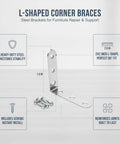 Heavy Duty 2x2 Inch Steel L Shaped Corner Braces For Tables And Shelves With Screws, showing silver finish and screws included
