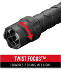 Twist focus feature of Polysteel 600 Focusing LED Flashlight With 740 Lumens, Rugged 8-Inch Full-Size Power Beam, Durable Polysteel Core