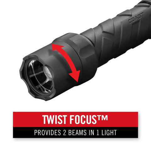 Twist focus feature of Polysteel 600 Focusing LED Flashlight With 740 Lumens, Rugged 8-Inch Full-Size Power Beam, Durable Polysteel Core