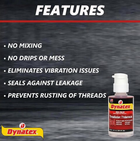 Red High Strength Gel Threadlocker For Large Fasteners, Permanent Lock, Anaerobic Adhesive bottle with features listed.
