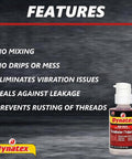 Red High Strength Gel Thread Locker For Large Fasteners Permanent Lock Anaerobic Adhesive Vibration And Solvent Resistant 1.20 Oz Bottle 5 Pack Great For Automotive And Machinery with features list.