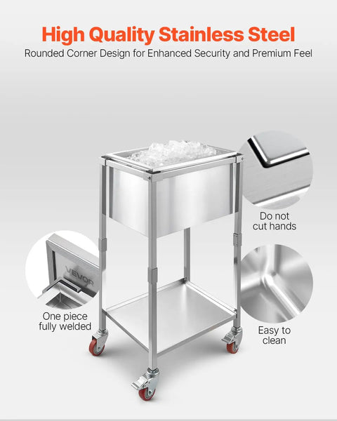 Rolling Ice Chest Cooler Cart With Stainless Steel Build On Wheels 32.8 Quart Drop In Ice Bin, front view with ice