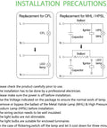 Installation precautions for replacing CFL and MHL/HPSL with LED bulbs, including wiring diagrams and safety instructions.