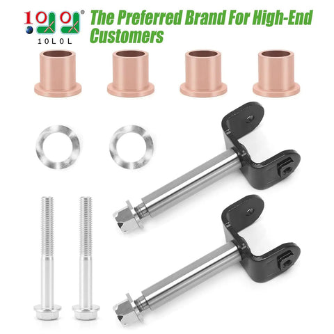 Complete Front End King Pin Kit For Club Car Precedent Golf Cart 2003.5 And Up Gas Or Electric Replacement Includes 2 King Pin Assemblies 4 Brzone Flanged Bushings 2 Wave Washers 2 Lock Nuts components displayed