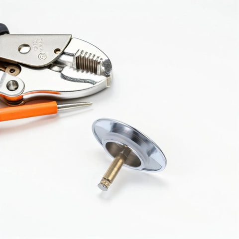 Copper Bathtub Drain Stopper with Rotary One Press Sealing next to installation tools on a white background.