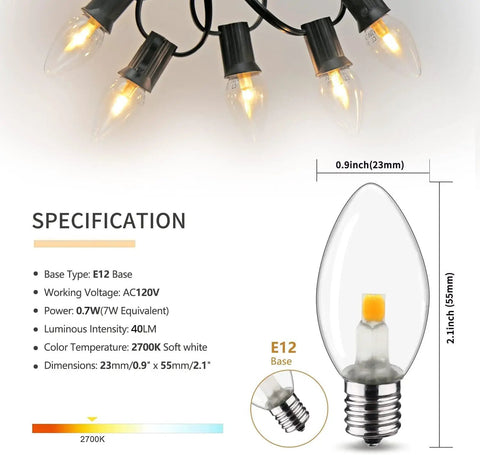 C7 LED Night Light Bulbs E12 Candelabra Base 0.6W Replacement For 7W Incandescent, Warm White 2700K, vintage clear glass specs