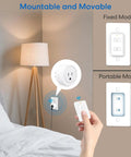 Two Pack Mini Wireless Remote Outlet Plug Adapter With Remote 2 Channel Wall Switch 656ft Range shown with lamp setup