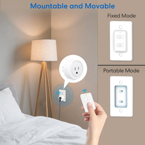 Two Pack Mini Wireless Remote Outlet Plug Adapter With Remote 2 Channel Wall Switch 656ft Range shown with lamp setup