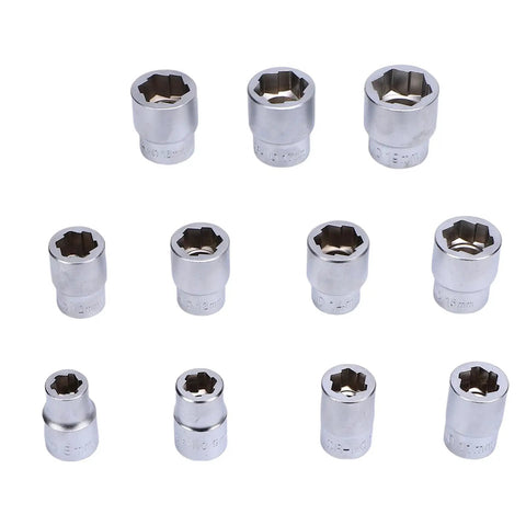 Eleven Piece Three Eighths Inch Drive Impact Extraction Socket Set For Damaged Rusted Rounded Bolts Nuts And Screws With Storage Case CR MO Alloy Including 8 9 10 11 12 13 14 15 16 17 And Nineteen Millimeter Sockets arranged on a white background