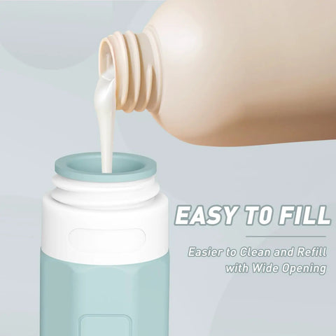Leak Proof 3oz Travel Bottles TSA Approved Refillable Silicone Containers shown being filled with lotion