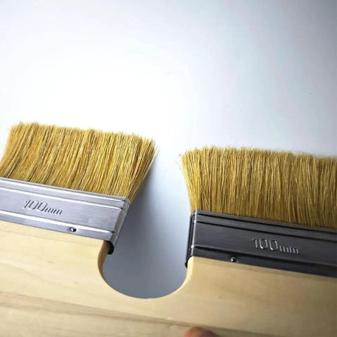 Close-up of U Shaped Limewash Paint Brush With Double Head For Mineral Paints 200mm Natural Pig Bristle Stainless Steel Ferrule.