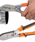 Five Blade Hand Crimper For Sheet Metal with Non Slip Grippy TPR Handle, used on duct, shown in side view and in action