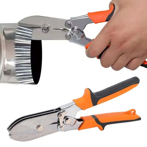 Five Blade Hand Crimper For Sheet Metal with Non Slip Grippy TPR Handle, used on duct, shown in side view and in action