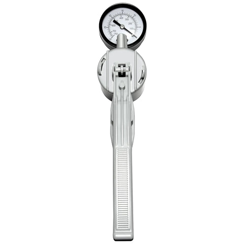 Top view of REACWARE lab hand-held vacuum pump with pressure gauge, silver plastic handle, 650 mmHg max