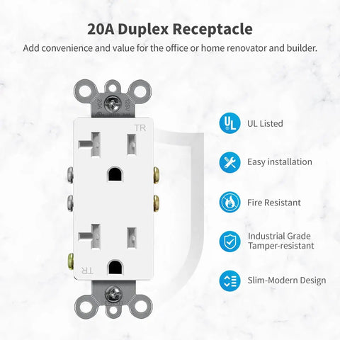 Heavy Duty Decorator Receptacle Outlet 20 Amp 125 Volt Tamper Resistant Grounding UL Listed White 50 Pack