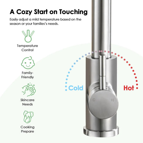 Premium Stainless Steel Pull Down Kitchen Faucet With Three Mode Spray Head showing temperature control handle and spout.