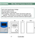 Diagram of SJ-180A mini manual tension controller with display, rotary knob, and dimensions 96x69x32mm