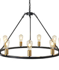 Black And Gold 9 Light Industrial Wagon Wheel Farmhouse Chandelier, round rustic lighting with adjustable chain, 32 inch diameter.