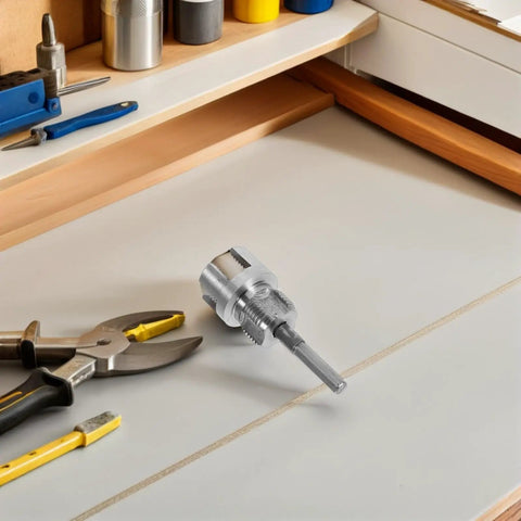 Lapyappe Heavy Duty Pipe Threader Compatible With Drill For Cutting Threads On Pvc And Plumbing Pipes Carbon Steel Build, placed on a workbench.
