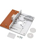Heavy Duty Aluminum Router Table Insert Plate For Table Saw With Tight Center Bushing And Miter Guide Set shown from above with measuring scale.