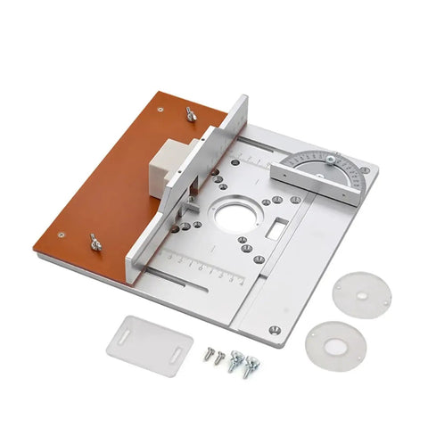 Heavy Duty Aluminum Router Table Insert Plate For Table Saw With Tight Center Bushing And Miter Guide Set shown from above with measuring scale.