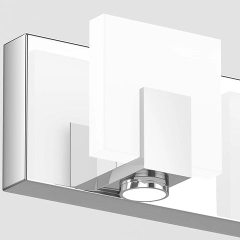 Close-up of Over Mirror Vanity Lights Three Light Modern Chrome Fixture for Bathroom Stainless Steel Frame with Acrylic Shade