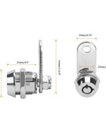 Two Pack Tubular Cam Locks Seven Eighth Inch Cylinder Fits Cabinets And Drawers Keyed Alike showing chrome finish and measurements.