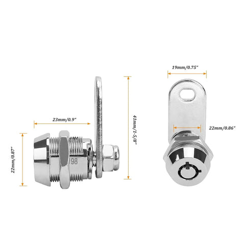 Two Pack Tubular Cam Locks Seven Eighth Inch Cylinder Fits Cabinets And Drawers Keyed Alike showing chrome finish and measurements.