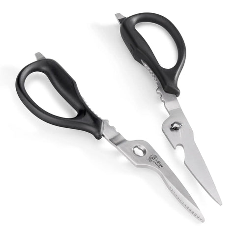 Heavy-Duty 9-Inch Come-Apart Kitchen Shears With Guard For Everyday Food Prep No-Nonsense Tough-As-Nails Scissors That Slice Poultry, Herbs, Veggies, Packaging And Twine, Easy Cleaning Break-Apart Blades For Quick Cleanup. 420 stainless steel kitchen shears with black BPA-free handles, shown apart