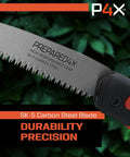 Folding Camp Saw With 8.5 Inch SK5 Steel Blade displayed on a textured background, featuring a black and orange ergonomic handle