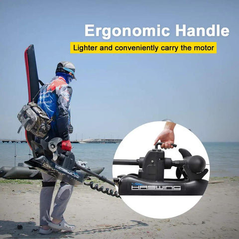 Person carrying Electric Bow Mount Trolling Motor 12V Beefy 55Lbs Thrust With 48 Inch Shaft And Wireless Remote on the beach