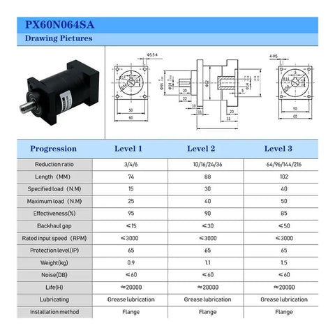 Diagram and specifications of PX60N064SA Planetary Gearbox Reducer With Ratios 64 96 100 120 144 150 180 216 For Nema 23 And Nema 24 Steppers And Servo Motors Electronic Starter Heavy Duty Brushless Industrial Motors High Torque Gear Reduction.