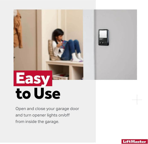 Wall Mounted Garage Door Opener With Lighting Control Wired Power Only No WiFi Needed Designed For Security Plus 2 Point 0 Openers Black Finish Easy Setup No Hassle Installation For Everyday Convenient Use, mounted on wall next to person sitting.