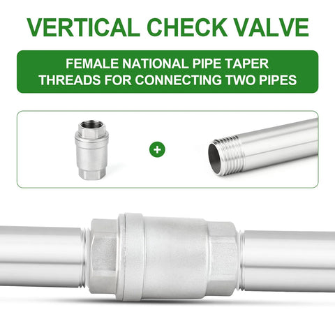 Two 1-inch female vertical check valves, 304 stainless steel, threaded ends, installed between two pipes