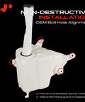 Windshield Washer Reservoir Tank Assembly For Toyota Tacoma 1998-2004 With Cap And Washer Pump 2.5 Liter Capacity Plus Sensor Hole Replace 8531504060 Direct Fit showing bolt hole alignment.