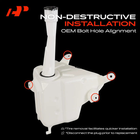 Windshield Washer Reservoir Tank Assembly For Toyota Tacoma 1998-2004 With Cap And Washer Pump 2.5 Liter Capacity Plus Sensor Hole Replace 8531504060 Direct Fit showing bolt hole alignment.