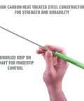 8 Piece Hook And Pick Set For Auto Repairs High Carbon Heat Treated Steel with green handle held in hand demonstrating grip