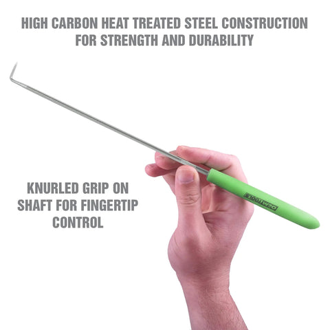 8 Piece Hook And Pick Set For Auto Repairs High Carbon Heat Treated Steel with green handle held in hand demonstrating grip