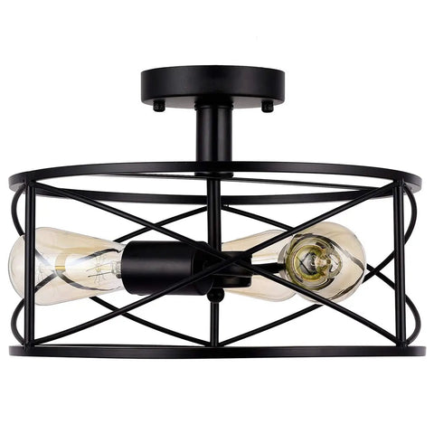 Dope 3 Light Semi Flush Mount Ceiling Light Industrial Black Metal Farmhouse Style Fixture with exposed bulbs