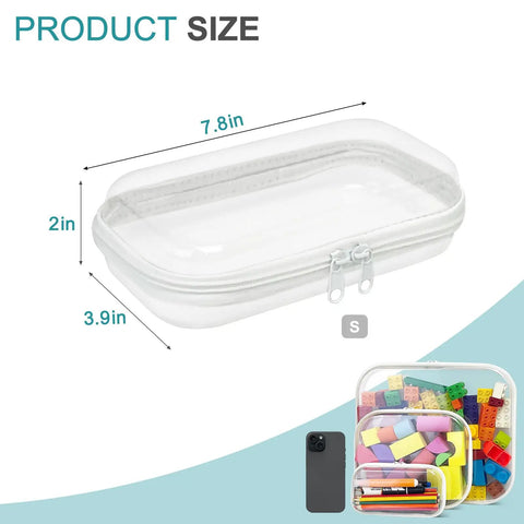 7 Inch Clear Hard Shell Zipper Case Set With Double Zippers showing small case size 7.8 x 3.9 x 2 inches with colorful contents