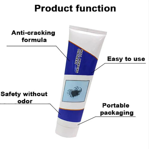 Tube of 3 In 1 Wall Repair Kit Spackle Paste With Scraper For Quick Hole And Crack Fix On Drywall, labeled with features.