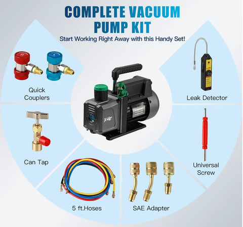 Pro Grade Vacuum Pump Kit With 4 Way Manifold Gauge And Leak Detector For Auto AC Service, One Third HP Single Stage Pump, R134a Taps