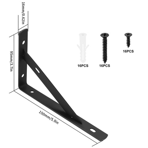 8 Piece L Shaped Metal Shelf Brackets For Wall Mounts Heavy Duty Support with screws and anchors, dimensions shown