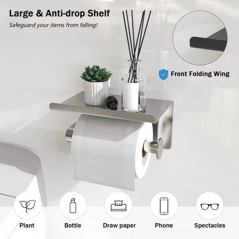 Toilet Paper Holder With Phone Shelf, Self Adhesive Or Screw In Wall Mount, Rustproof Bathroom Tissue Dispenser With Built In Shelf