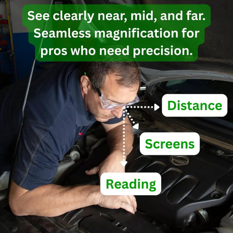 Man wearing Safety Glasses With Readers Plus 3.00 Magnification, UV Protection, ANSI Z87 High Impact Lenses in automotive work