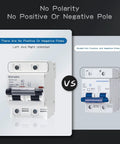 Image of a two pole 80 amp AC circuit breaker for 120V or 240V with DIN rail mount, shown with no positive or negative polarity.