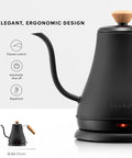27oz Gooseneck Electric Water Kettle For Pour Over Coffee And Tea, Stainless Steel Matte Black shown with ergonomic design details