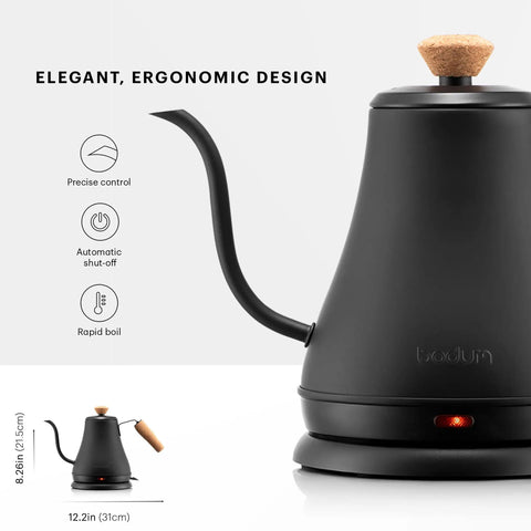 27oz Gooseneck Electric Water Kettle For Pour Over Coffee And Tea, Stainless Steel Matte Black shown with ergonomic design details