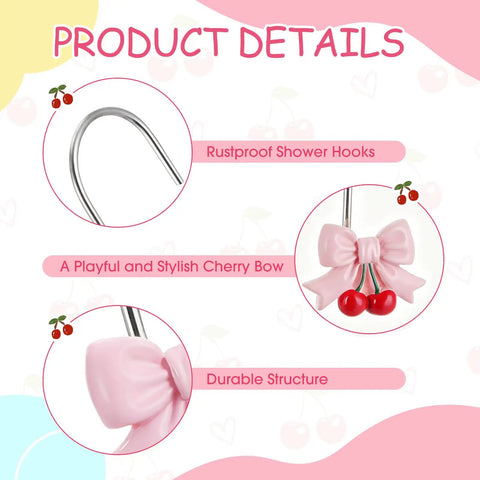 Product details of 12 Piece Pink Bow Cherry Shower Curtain Hooks Set Resin Rust Resistant Gliding Hooks For Standard Rods